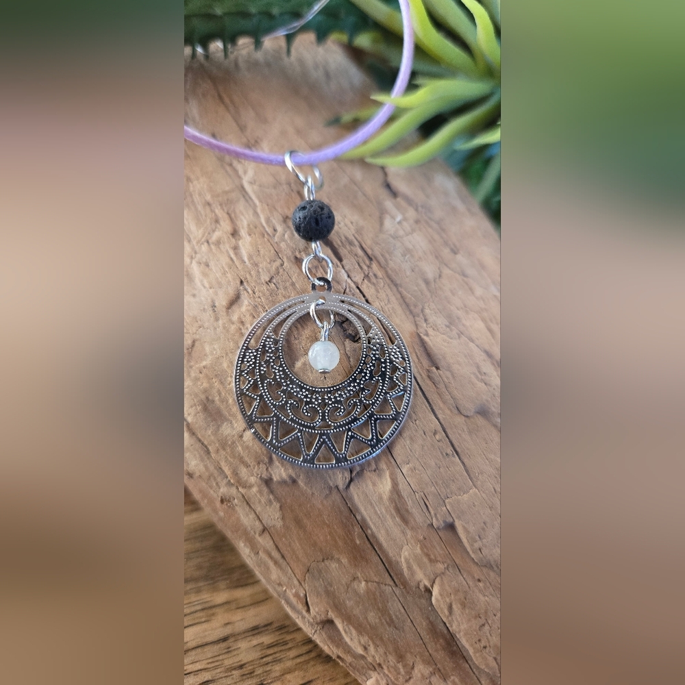 Silver Filigree Moon Pendant Necklace with Black Lava Bead